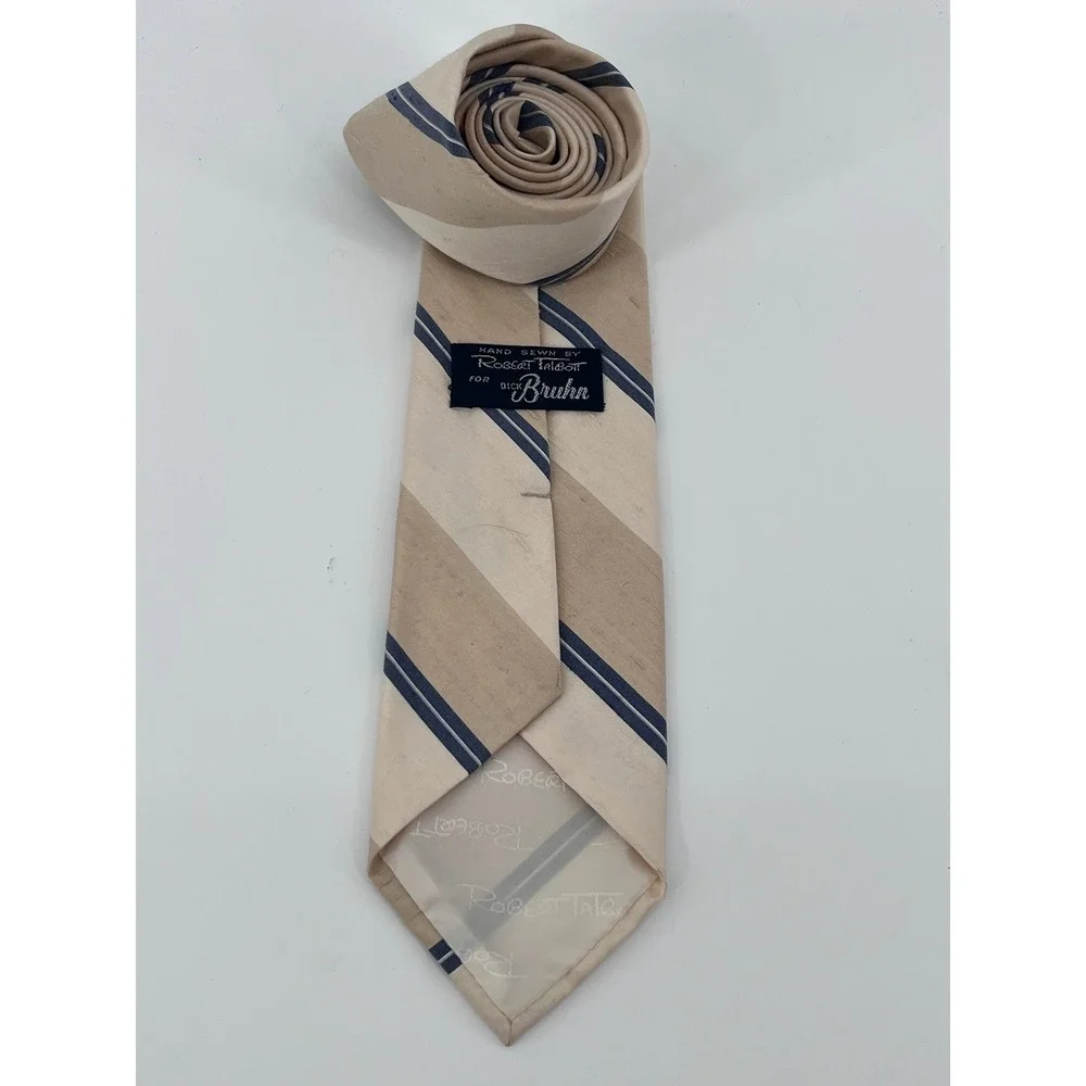 Robert Talbott Dick Bruhn Mens Silk Tie Beige Navy Blue Striped Hand Sewn USA